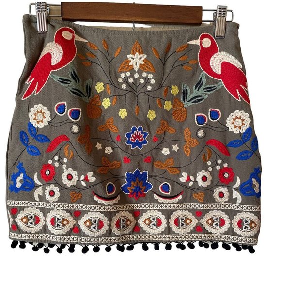 Altar'd State Mini Skirt Women's Small Floral Boho Embroider Birds Colorful - Picture 1 of 3